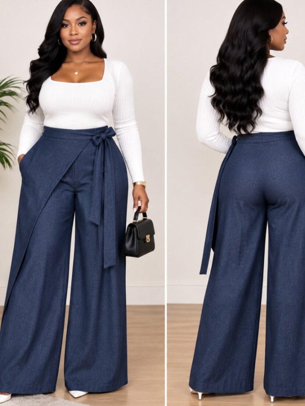 Commence Sophiscated Style Navy Blue Wide leg wrap Front Tie Waist Pants Size XS